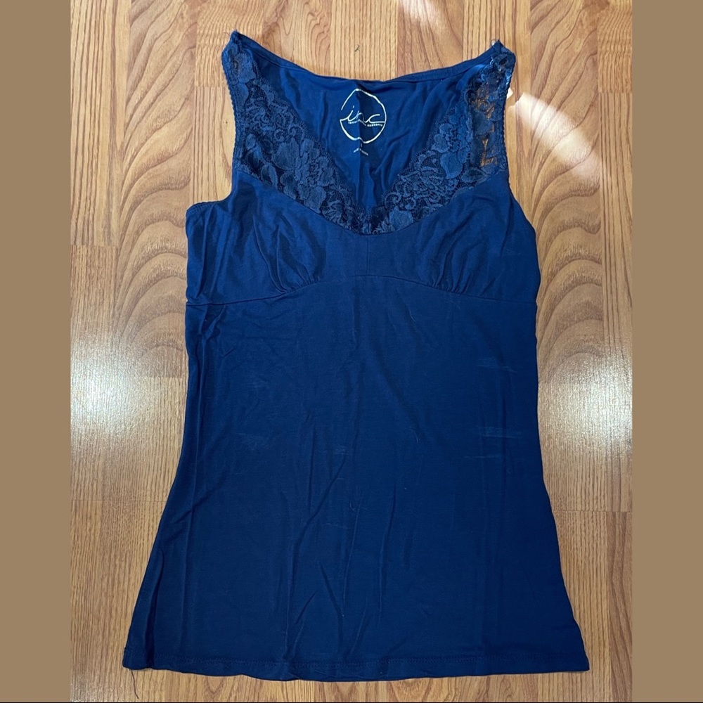 Blue tank top with lace accent
